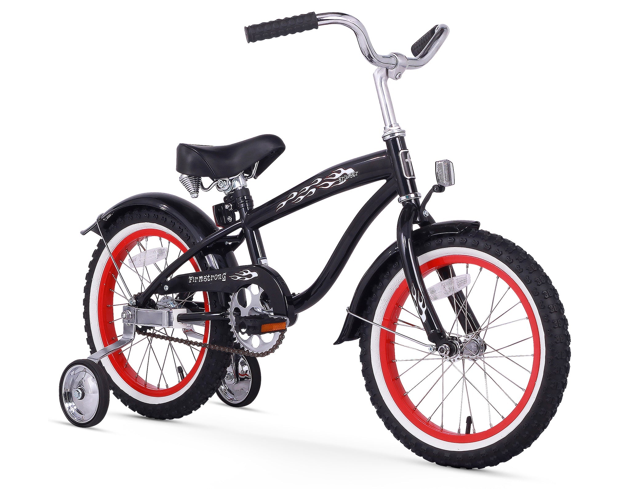 Firmstrong Mini Bruiser 16" - Beach Cruiser Bicycle w/ Training Wheels, Black w/ Red Rims