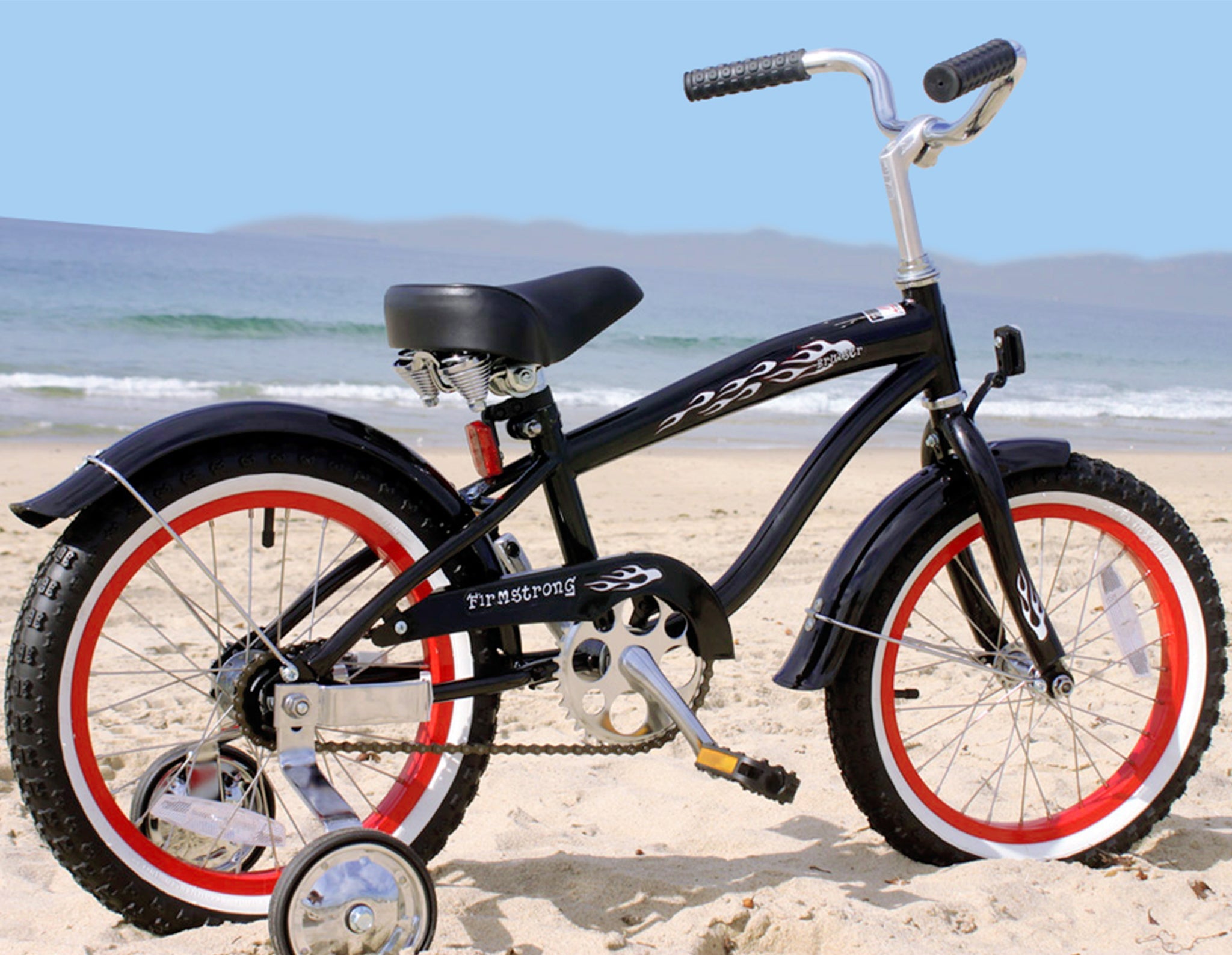 Firmstrong Mini Bruiser 16" - Beach Cruiser Bicycle w/ Training Wheels, Black w/ Red Rims